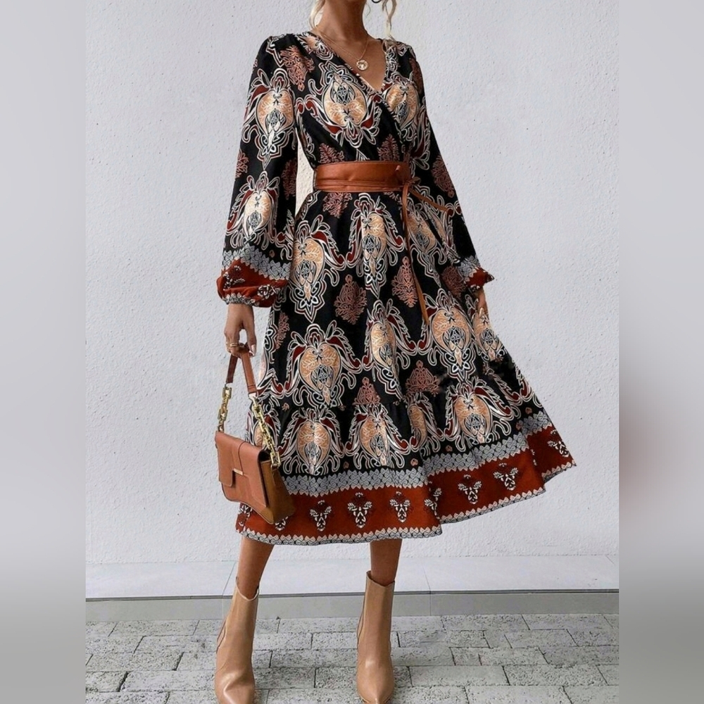 * New Chic Mediterranean Print Midi Dress Bishop Long Sleeve Black Brown Orange
